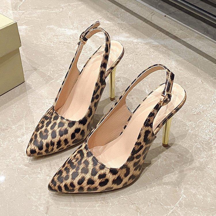 Leopard print bag head high heels women's spring new one-word with stiletto temperament sexy fashion sandals