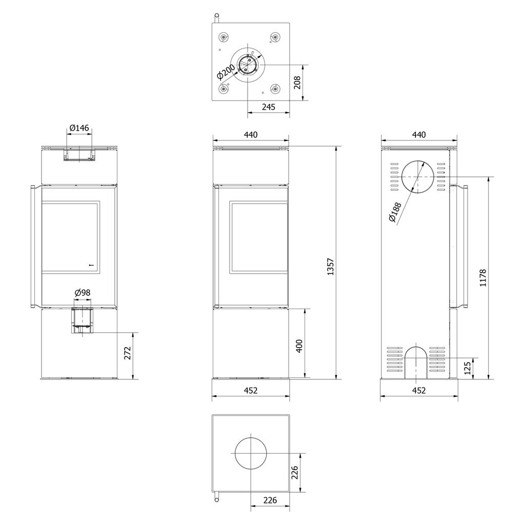 Freestanding Fireplace Stove Koza KRATKI REN S/P right 7kW Ø150 Assembly Kit