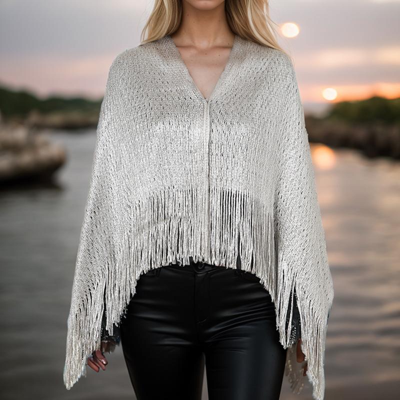 Fashion Women Bat Sleeve Cutout Cape Tassel Shawl Luxry Golden Sliver Party Scarf Summer Leisure Long Muffler 100*52Cm