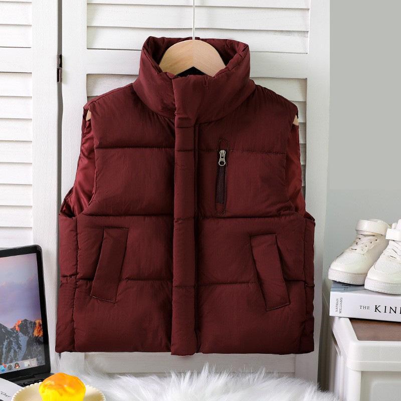 Children's Zippered Down Cotton Stand-up Collar Vests for Autumn and Winter, Solid-colored Vests for Boys and Girls