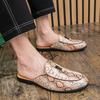 Fashion Men's Summer Snake Print Large Size Loafers Slip-On Mule Shoes Breathable Casual Leather Sandals Comfortable Flats Slippers