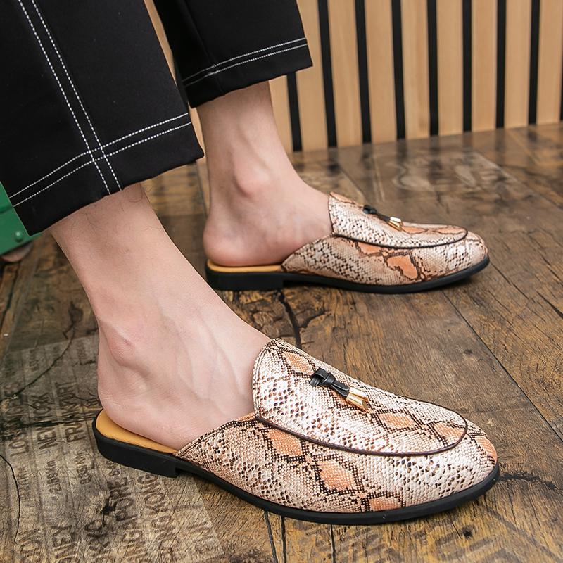 Fashion Men's Summer Snake Print Large Size Loafers Slip-On Mule Shoes Breathable Casual Leather Sandals Comfortable Flats Slippers