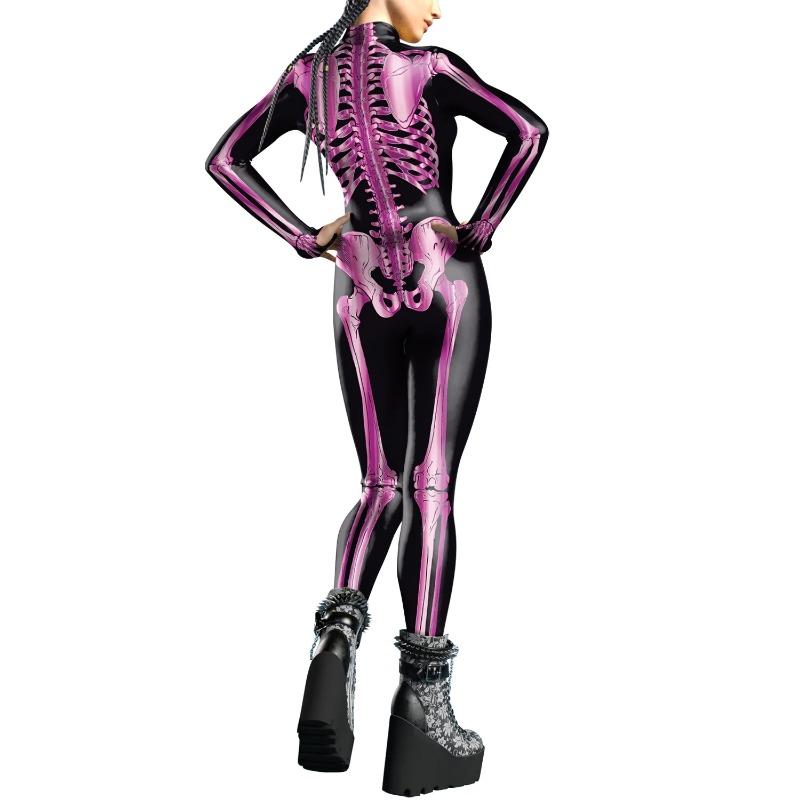 Halloween Cosplay Costumes For Women Skeleton Printed Long Sleeve Bodysuits Slim Elastic Fancy Outfits Catsuit