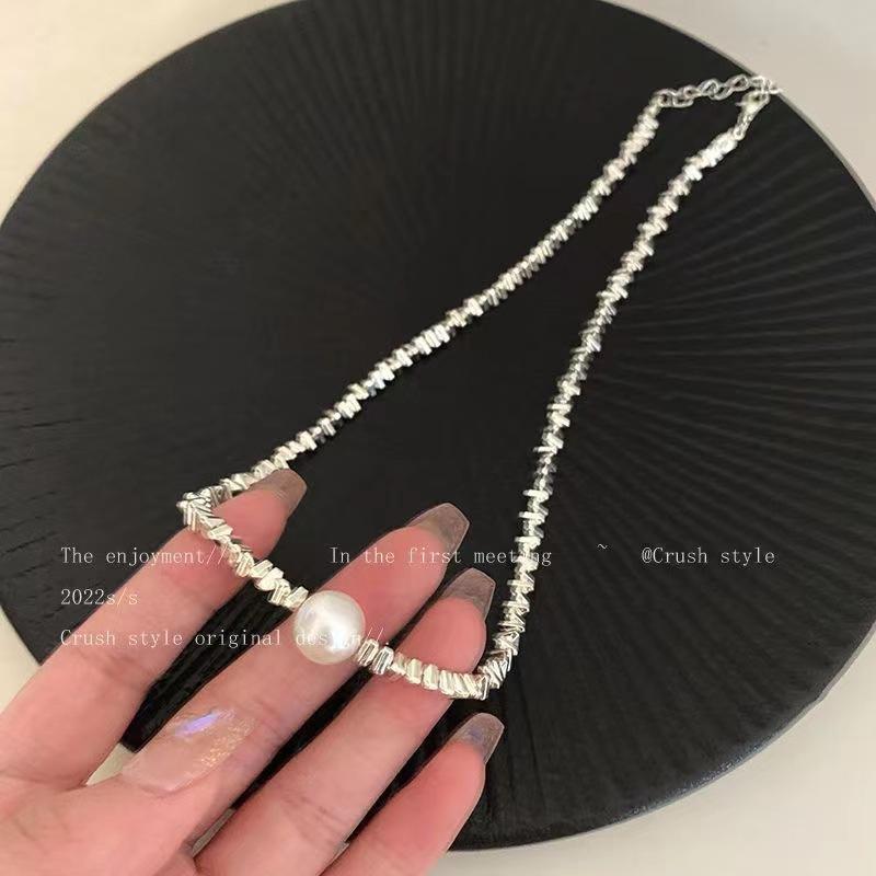 Broken Silver Pearl Necklace, Small Design, High Sense, Simple Temperament, Clavicle Chain, Women's Sugar Cube, Small Diamond, Light Luxury 