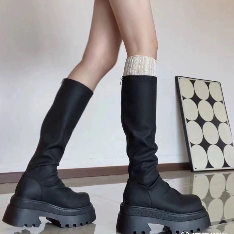 Small man fleece pleated elastic high boots muffin thick-soled thin long boots women's thin retro inverted boots long boots