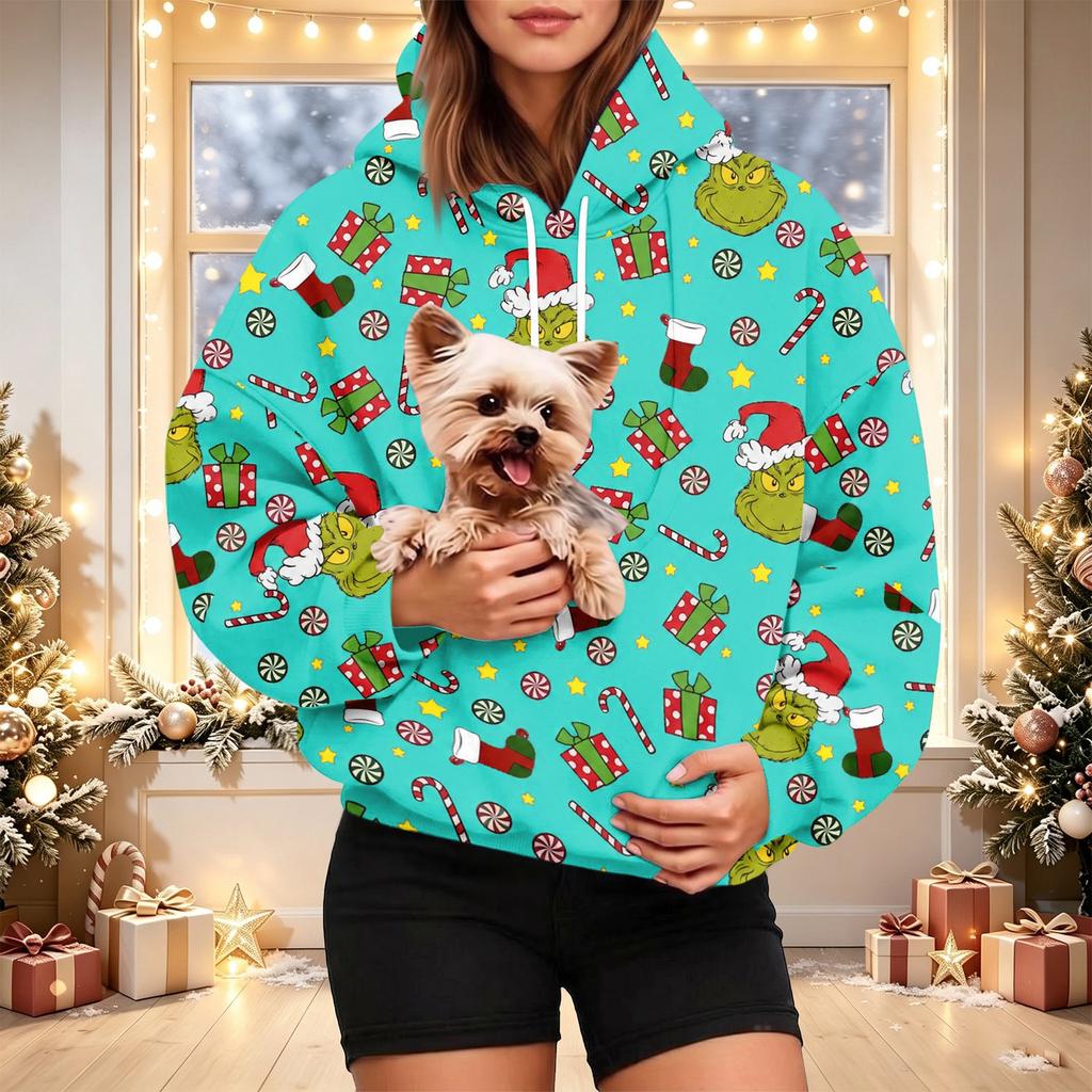 Damen Weihnachts-Print Kapuzenpullover mit Haustier-Tasche, Lässiger Feiertags-Pullover