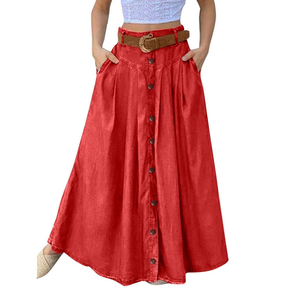 Women's Casual Retro High Waist Color Wrap Button Loose Belt Pocket Skirt