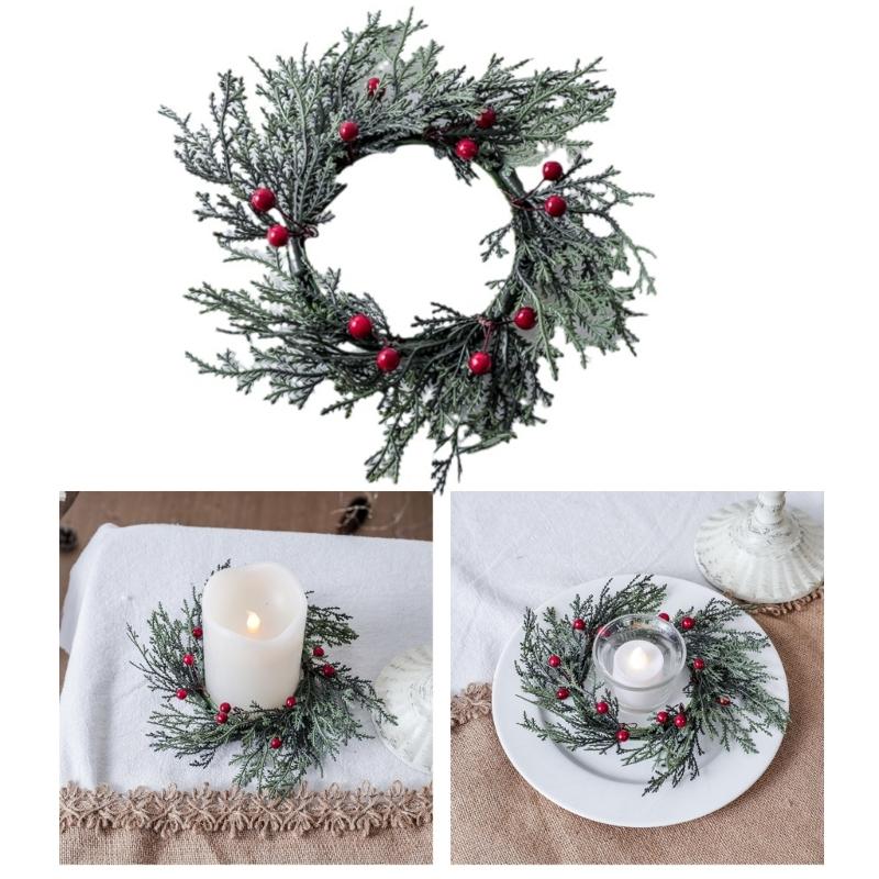 Festive 20cm Artificial Green Wreath Elegant Candlestick Decoration Realistc Pine Decor for Wedding Party Centerpiece