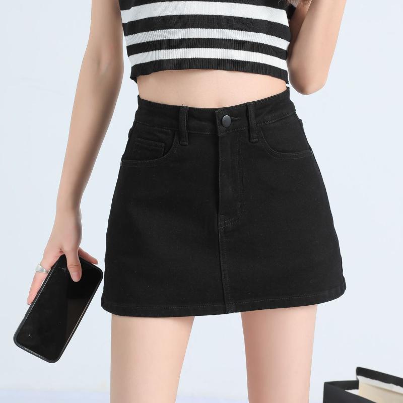 Fusta scurtă de denim retro Fusta scurtă de slăbire cu talie înaltă de vară pentru femei, Fusta înfășurată în șold cu linie A anti-orbire