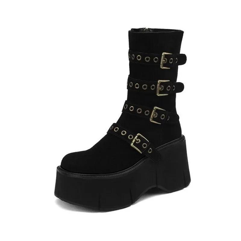 Shoes for Women New Pin Buckle Design Women's Boots Comfortable Wedge Platform Goth Shoes Winter Stylish Zipper Short Boots