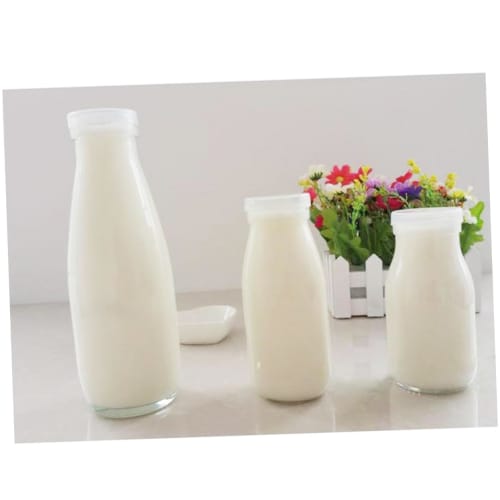 BESTonZON 6-Piece Heat-Resistant Milk Bottles, 250ml, Glass Milk Jug, Glass Pudding Jar, Pitcher, Vintage Milk Bottles with Caps, Drinking Bottles, Te