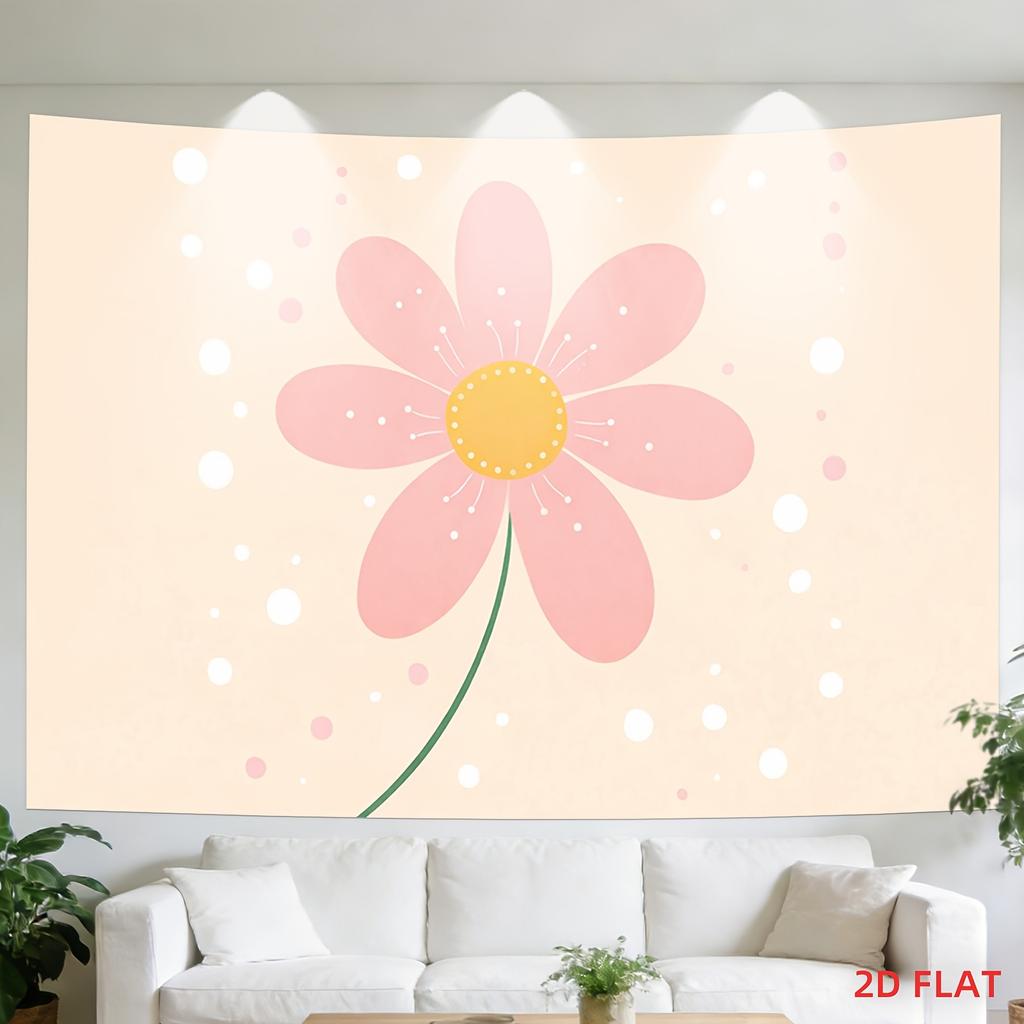 2D Flat - 2D Flat - A Tapestry Featuring a Large Or Small Design of Pink Flowers with Green Stems on a White Background, Perfect for Summer. Ideal for