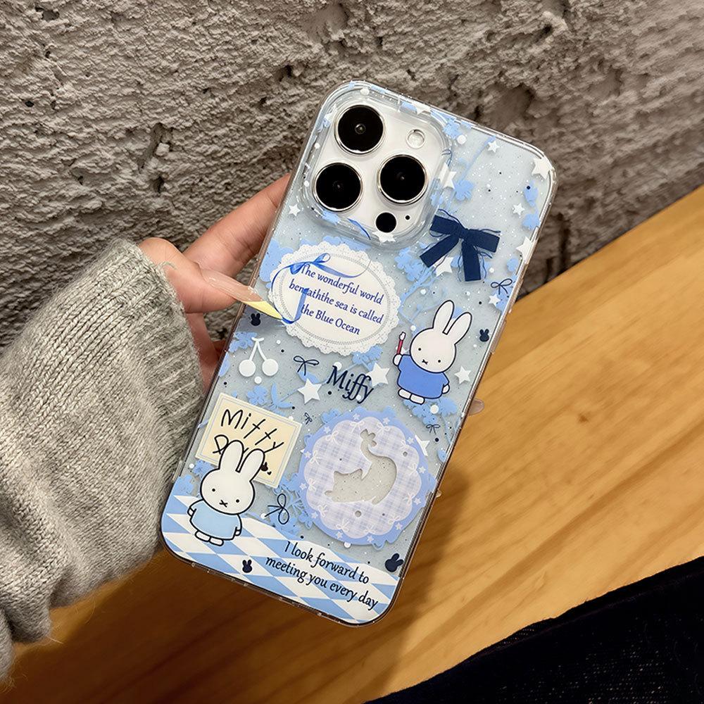 Applicable To Apple 16pro Cute Miffy 13 Cartoon Mobile Phone Case Large Hole Transparent Iphone15 Glitter Protective Case