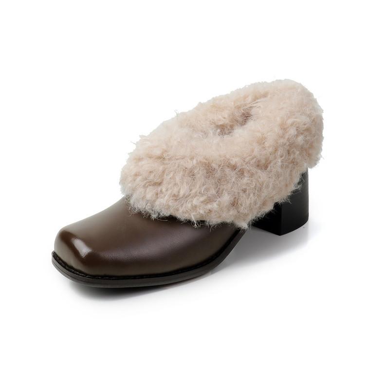 

Версия из коровьей кожи 2025~ Туфли Мэри Джейн из вельвета с квадратным носком на одном ремешке, теплые, маленькие кожаные туфли, хлопковые туфли, туфли на толстом каблуке, одинарные туфли, пушистые туфли 39