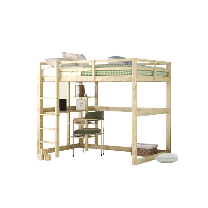Lit surélevé - MUVOE - 140 x 200 cm - Bois massif - 4 compartiments de rangement - Bureau intégré