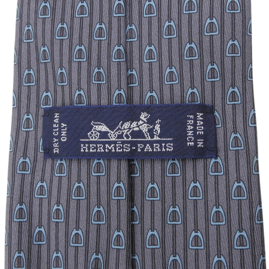 Excellent HERMES tie Horse tack motif all-over pattern gray silk mens Used