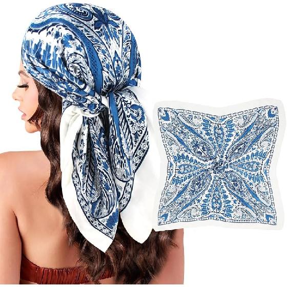 Head Scarf for Women Silk Satin Scarves for Hair Wrap Bandana Square Headscarf for Sleeping Blue-style-2