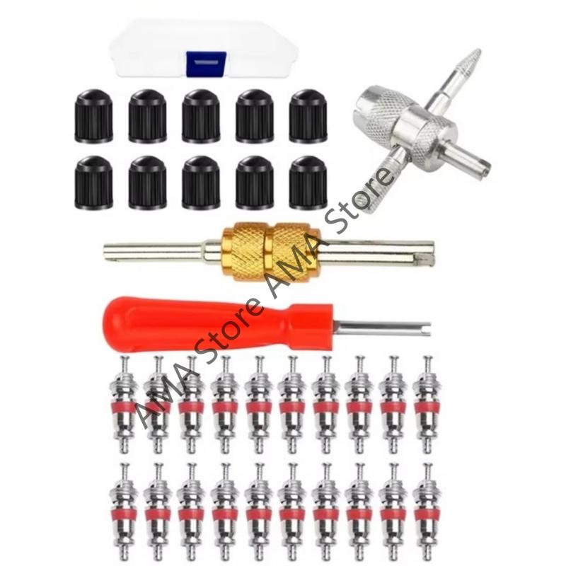 X7JF 33Pcs Universal Valves Stem Cores Tool Steel Shafts Plastic Grip Tire Repair set