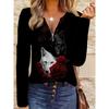 3D-Printed Rose And Wolf Pattern, Spring/Autumn Easy Casual Plus-Size Women'S Round-Neck Zipper Long-Sleeve T-Shirt,  Women'S Top, Outdoor Clothing