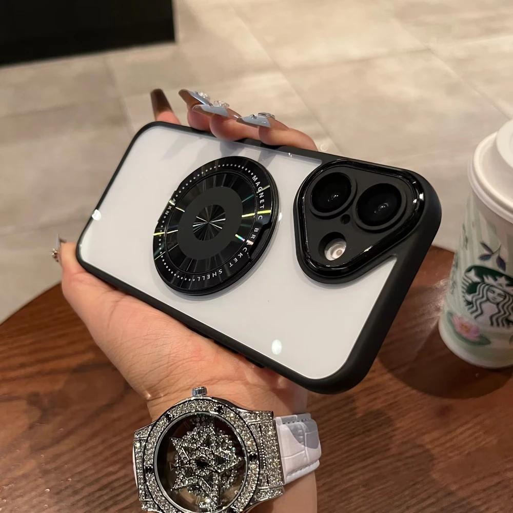 Luxury Magnetic 360 Rotate Bracket Phone Case for iPhone 16 15 14 13 Pro Max Transparent Acrylic TPU Cover