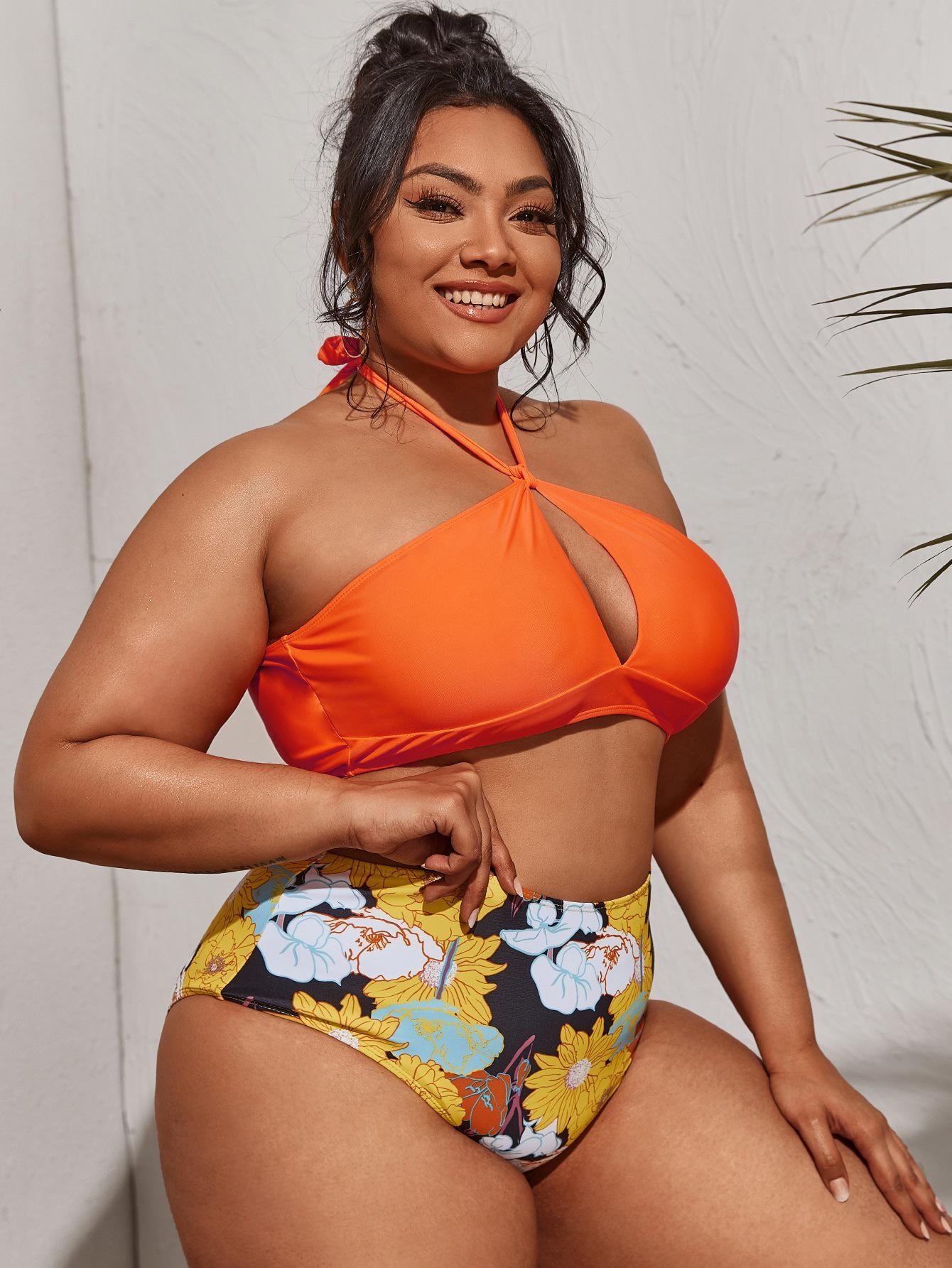 

2025 Большой размер Европейский и американский раздельный сексуальный купальник с принтом - В наличии 2X оранжевый