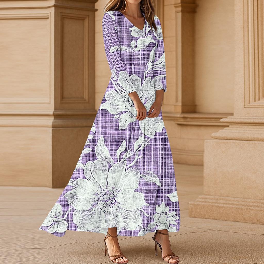 Women's Casual 3/4 Sleeve V-Neck Floral Print Maxi A-Line Beach Dress