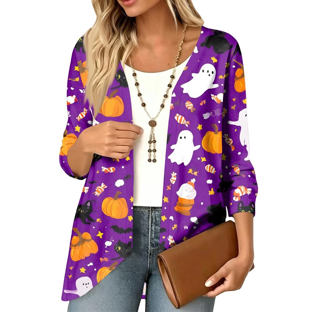 Women's Halloween Print 3/4 Sleeve Lightweight Loose Fit Cardigan for Casual Wear