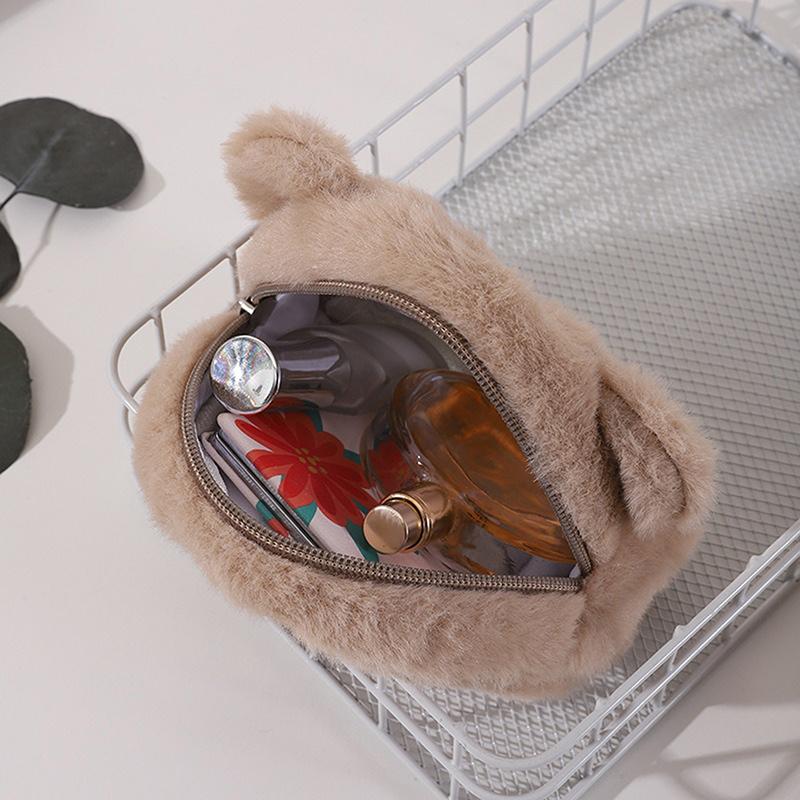 Bolsa de Moedas com Zíper de Urso Fofo de Desenho Animado Bolsa de Maquiagem Durável Bolsa de Fone de Ouvido Portátil de Pelúcia Bolsa de Maquiagem para Meninas Carteira Pequena Kawaii
