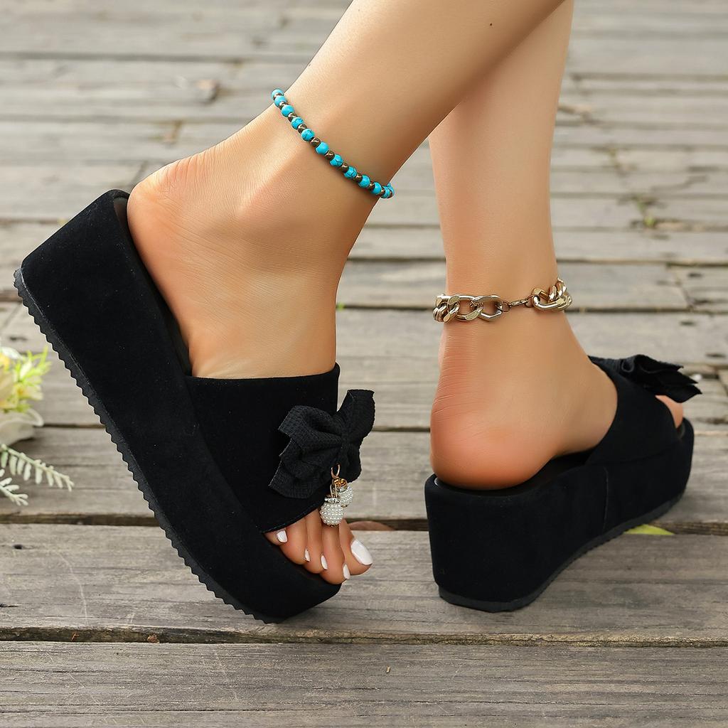 High-heeled slippers women's outerwear muffin thick-bottomed one-word slippers home non-slip 2025 summer new bow sandals