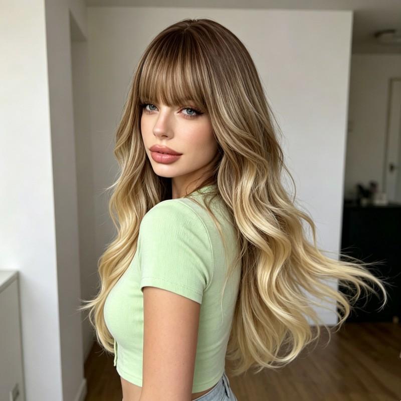 Womens Matte Hair Long Curly Wig With Bangs Rose Net Full Head Cover Daily Wear