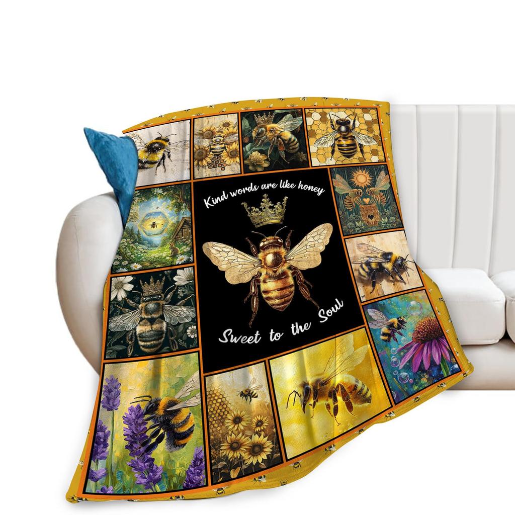 Bee Print Blanket, Vintage Sunflower Bed, Super Soft and Comfortable Sofa Blanket, Luxurious Travel Nap Blanket, Gift