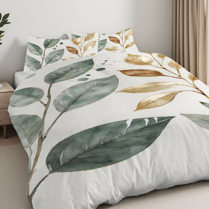 Pillowcase Quilt Cover 3-Piece Bedding Watercolor Style,Golden Green Leaf Pattern,Washable,Durable