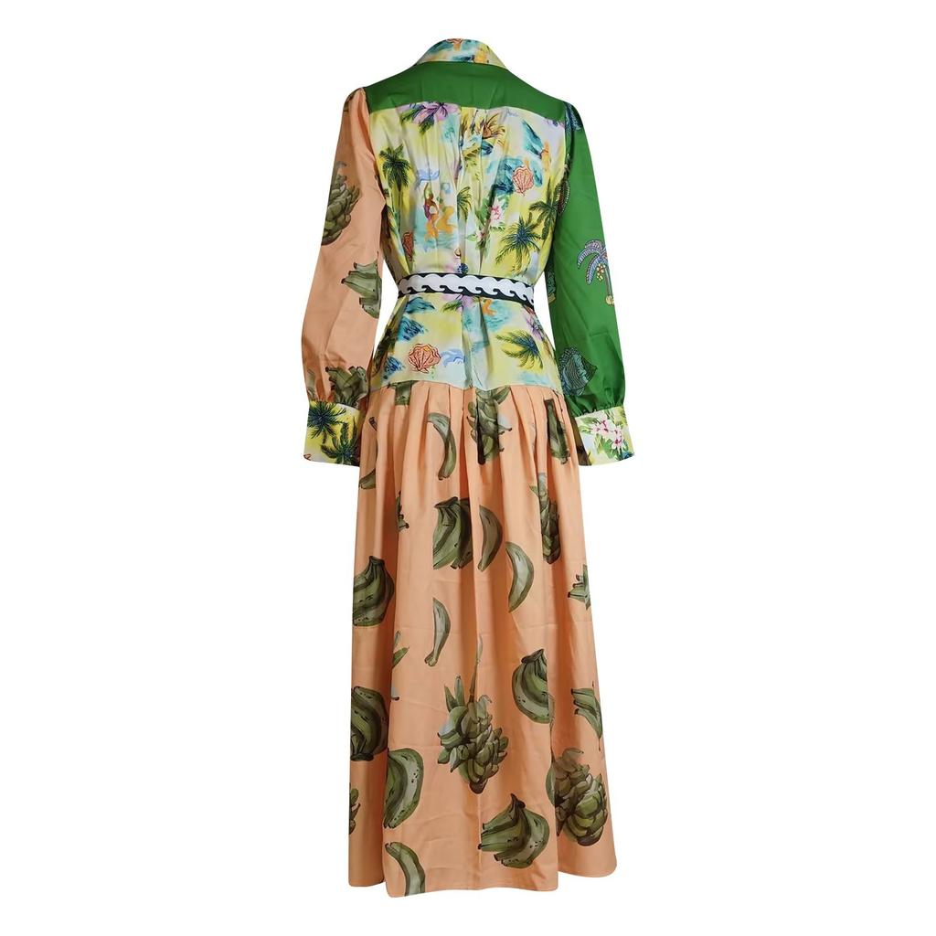 Women's Spring  Fashion Bohemian  Printed Tie High Waist  Long Sleeve V-Neck Waist Dresses