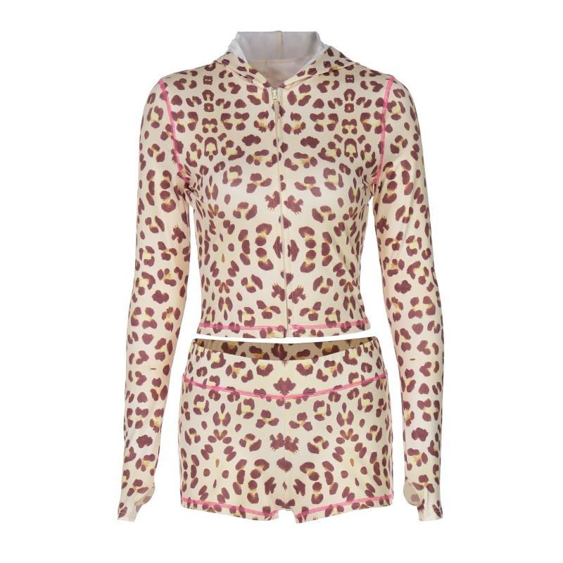 Ladies Spring New Fashion Hooded Cardigan Top Leopard Print High Waisted Skinny Shorts Set