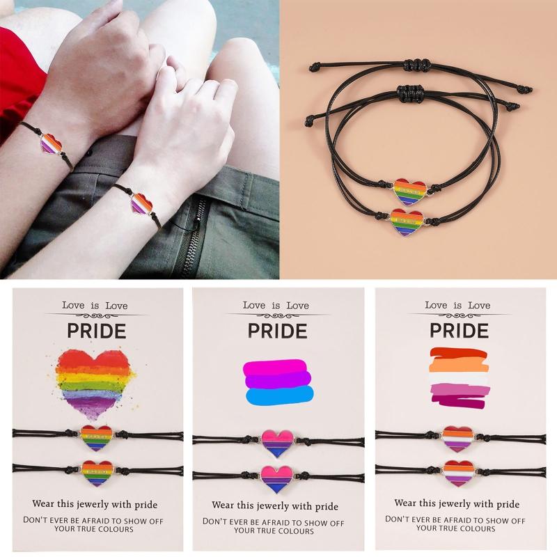 2Pcs Promise Love Heart Rainbow Strand Bracelets Set Lovely Stretchable Bracelet for Women Girls Couple Friendship