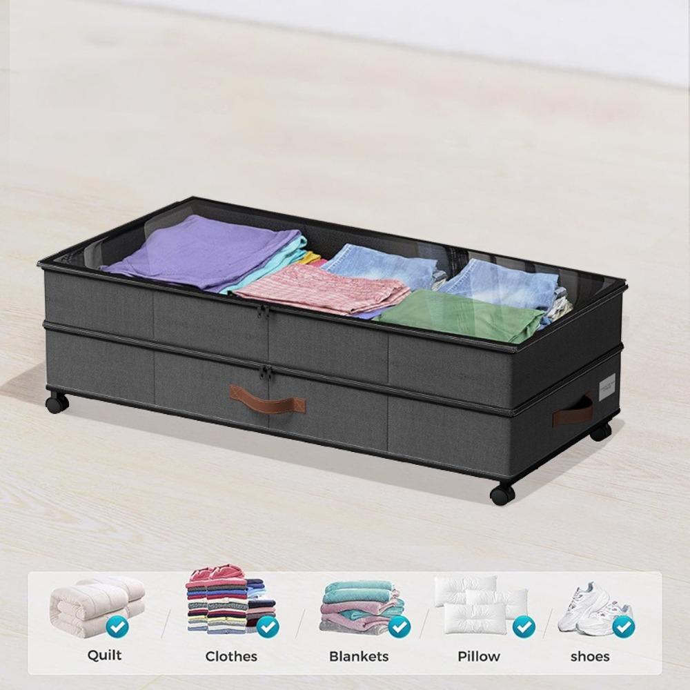 Double Layer Dividers Under Bed Storage Box with Wheels Clear Lids Organizer Bins Dustproof Foldable Storage Rack Clothes Shoes