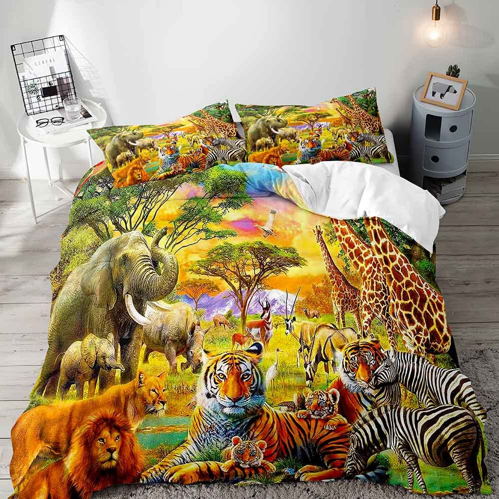 Zoo Theme Duvet Cover Set Animals Pattern Polyester Comforter Cover King Queen Size Cartoon Cute Animals For Kids Bedding Set