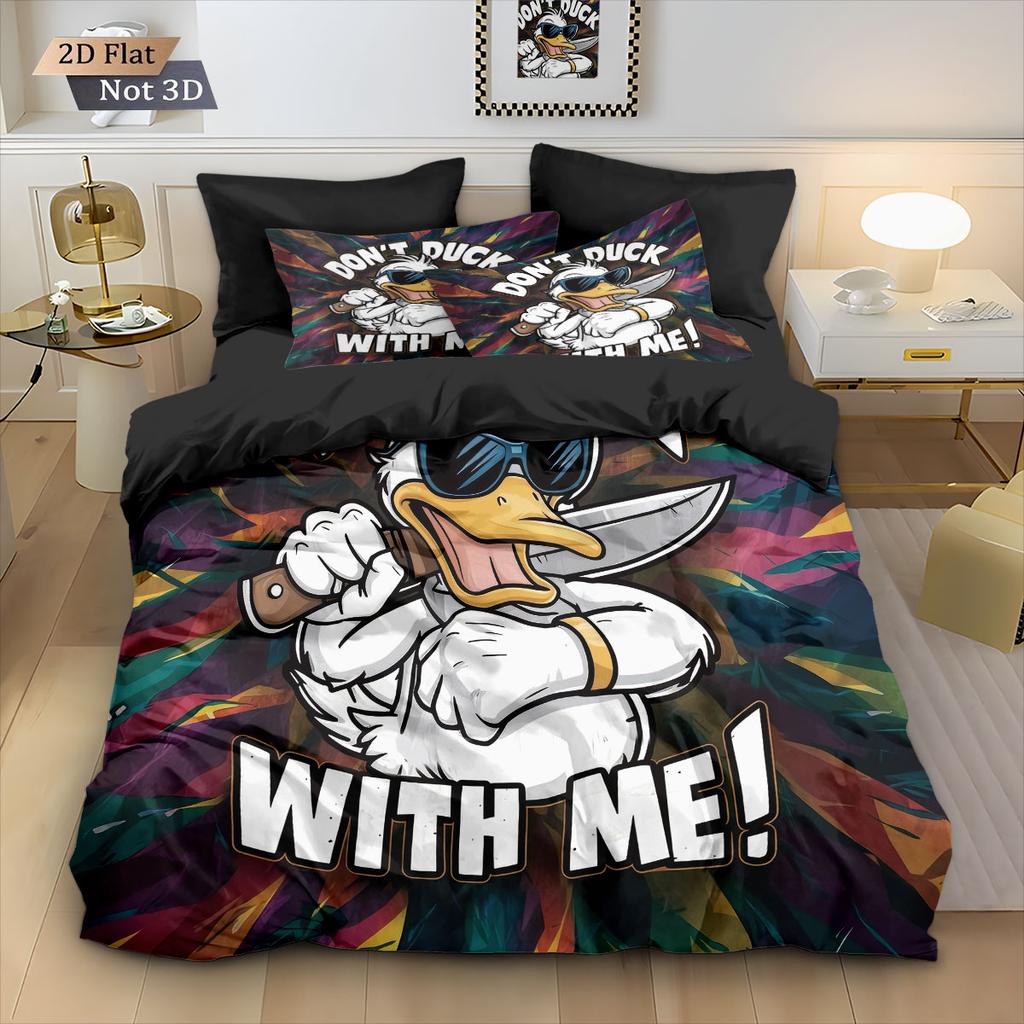3Pcs Cool And Cute Cartoon Duck Print Coreless Duvet Cover Set, Multi Size Bedroom Bedding Decoration, Comfortable Machine Wash