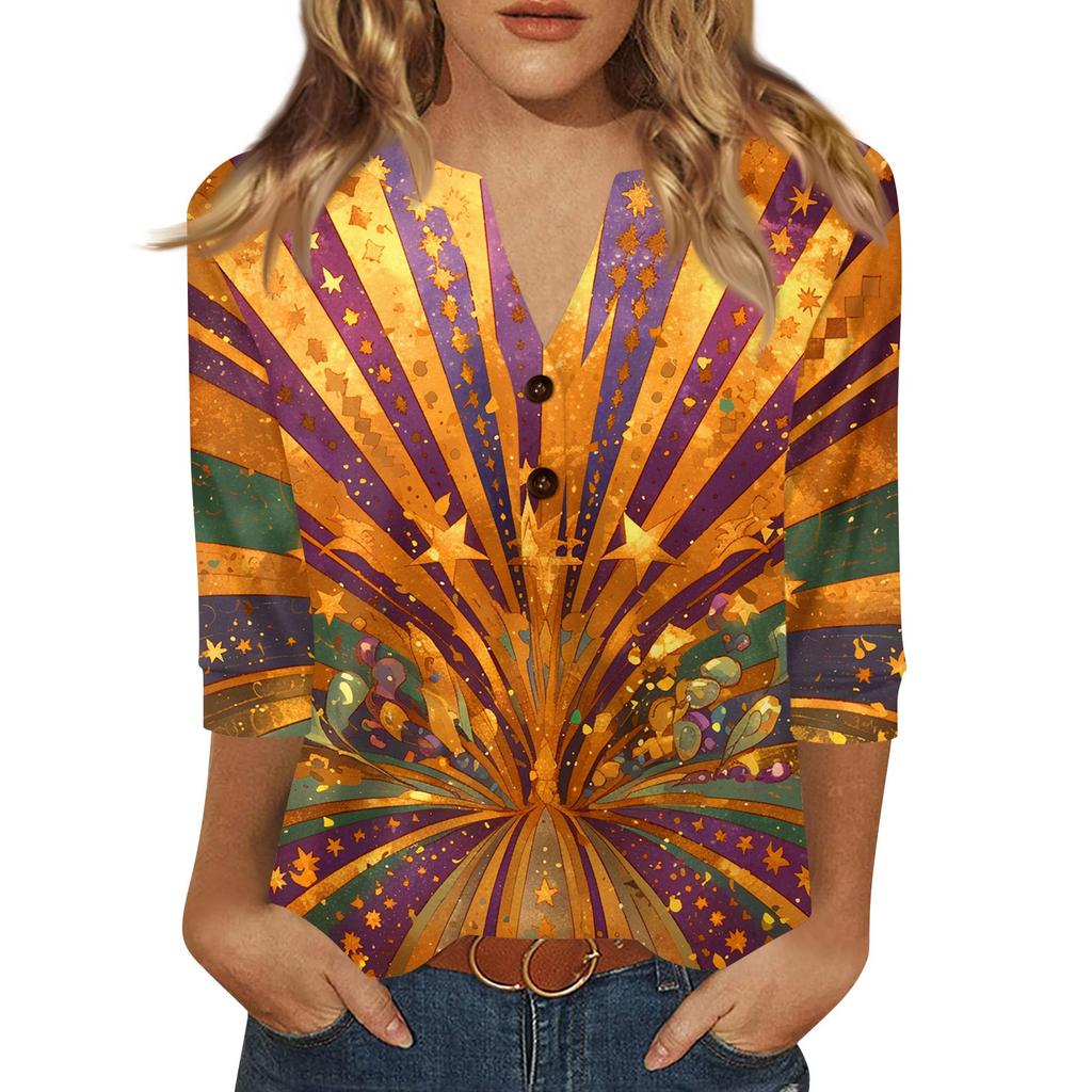 Women's Carnival Printed Fashionable Casual V-neck Button Seven Inch Sleeve T-shirt Top