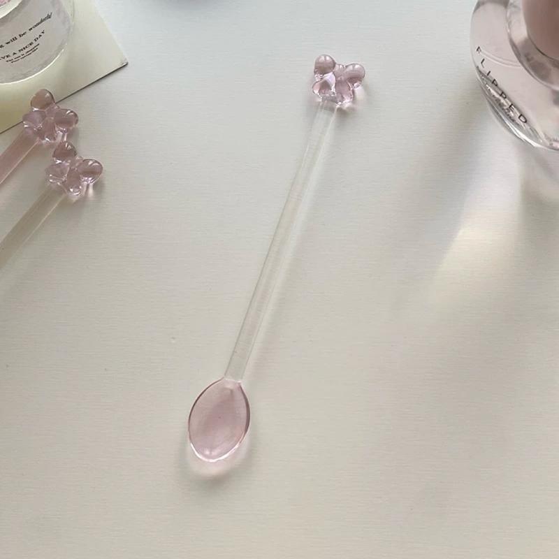 

Glass Coffee Spoon with Pink Bow Long Handle for Mixing Dessert Milk Tea Cute Table Kitchen Utensil