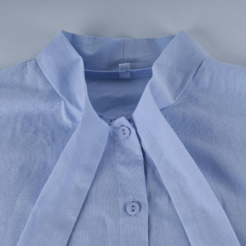 Spring And Summer Lace-Up Waist-Cinching Ribbon Blouse For Women Elegant Tie Neck Linen Button Up Tops