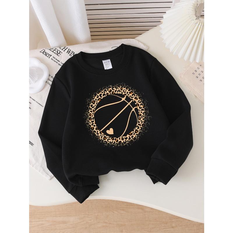 Leopard Print Basketball Heart Design | 2026 New Girls' Long-Sleeve Casual Crewneck Sweatshirt, Suitable For Outdoor Sports