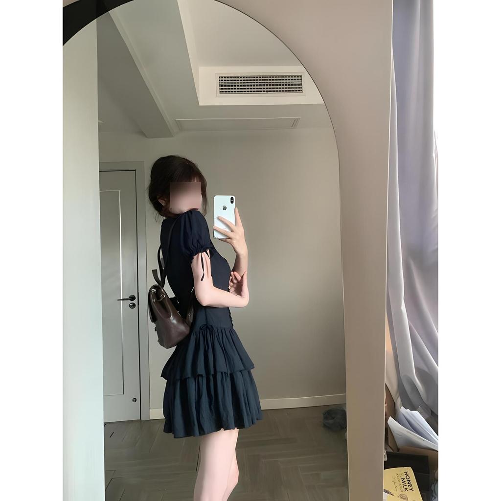 French Hepburn Style V-neck Lace Lace Japanese Medieval Feeling Waist Spice Girl Short Dress Dress Women's Summer New