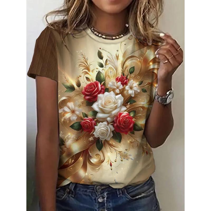Flower Short Sleeve Fashion Women's Solid Color Flower Crew Neck T-Shirt 3D Flower Color Printing Crew Neck Short Sleeve Tees