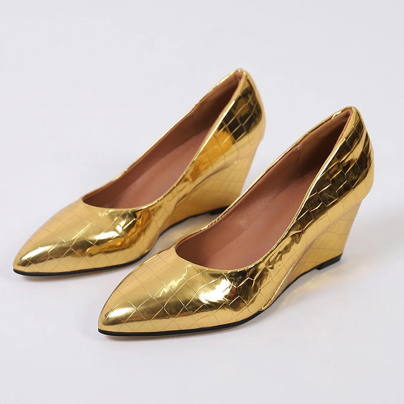 

Fashion Sexy Silver Gold Wedge Heels Women Fashion Crocodile Print Design PU Leather Light Mules Office Shoes Ladies Pointed Toe Pumps 38 золотий