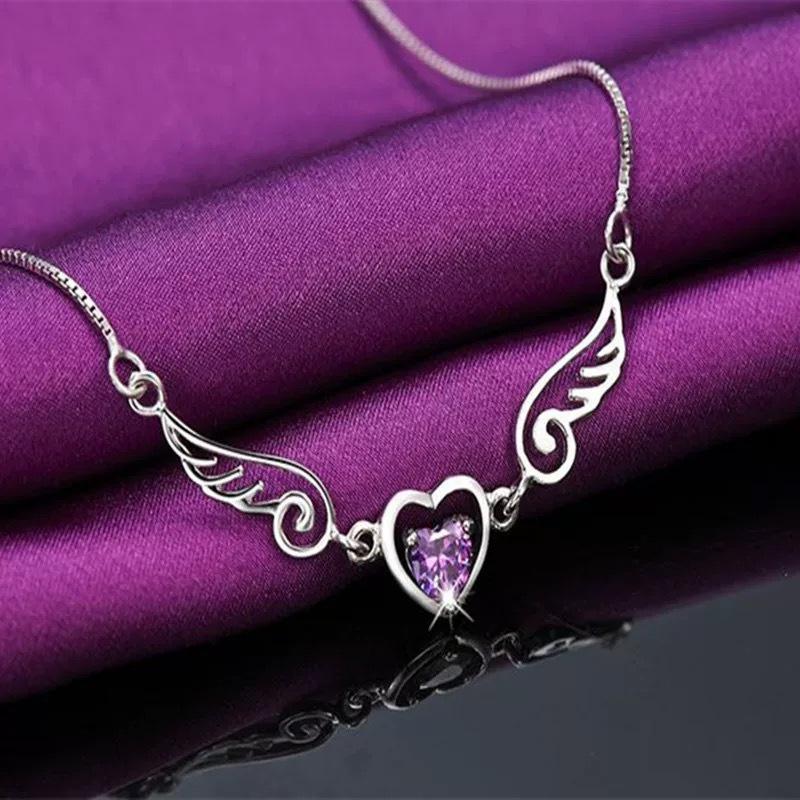 Korean Style Angel Wings Heart Zircon Pendant Necklace - Valentine's Day Gift Jewelry for Women