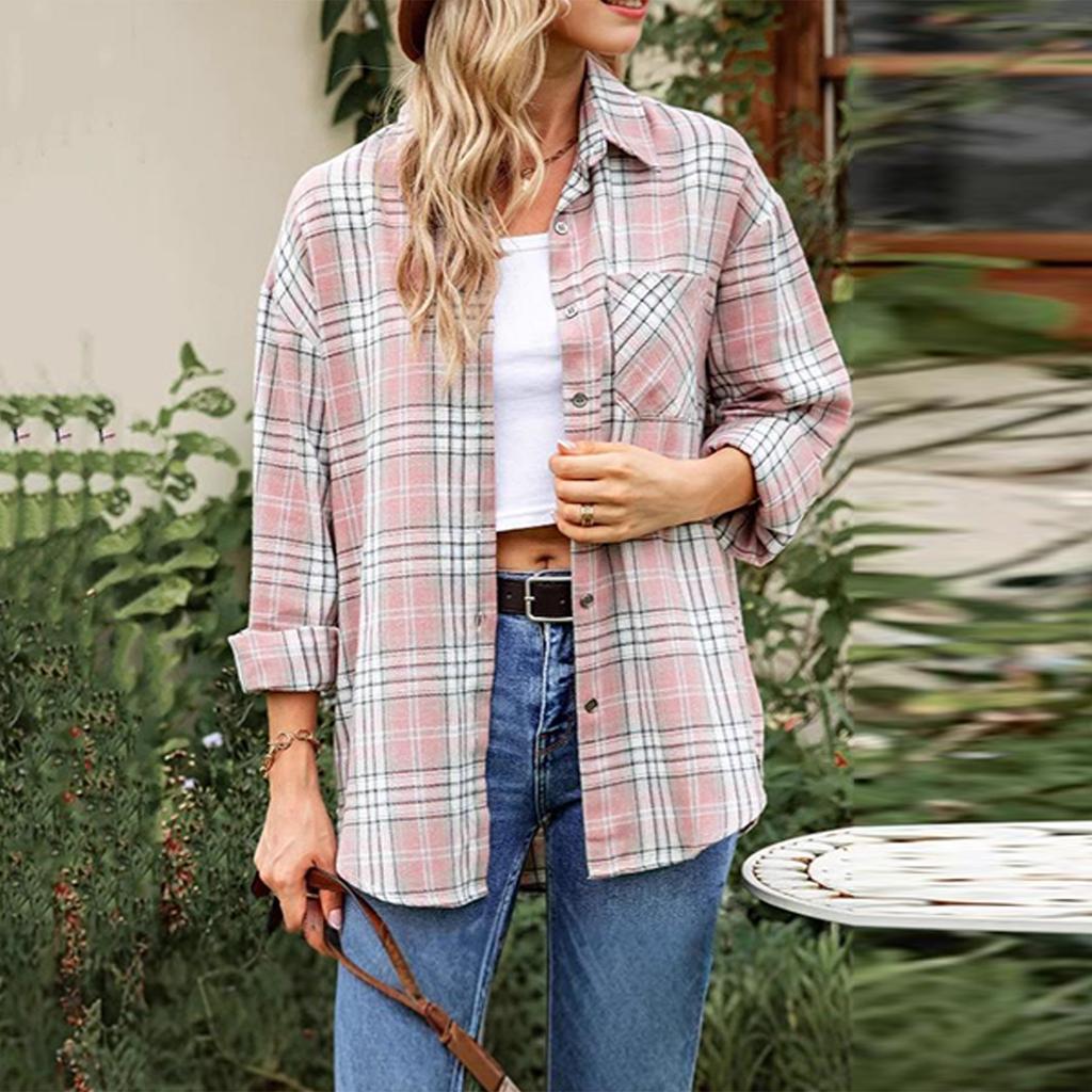 Women's Casual Fashion Loose Plaid Shirt Long Sleeve Pocket Button Shirt Mid-length