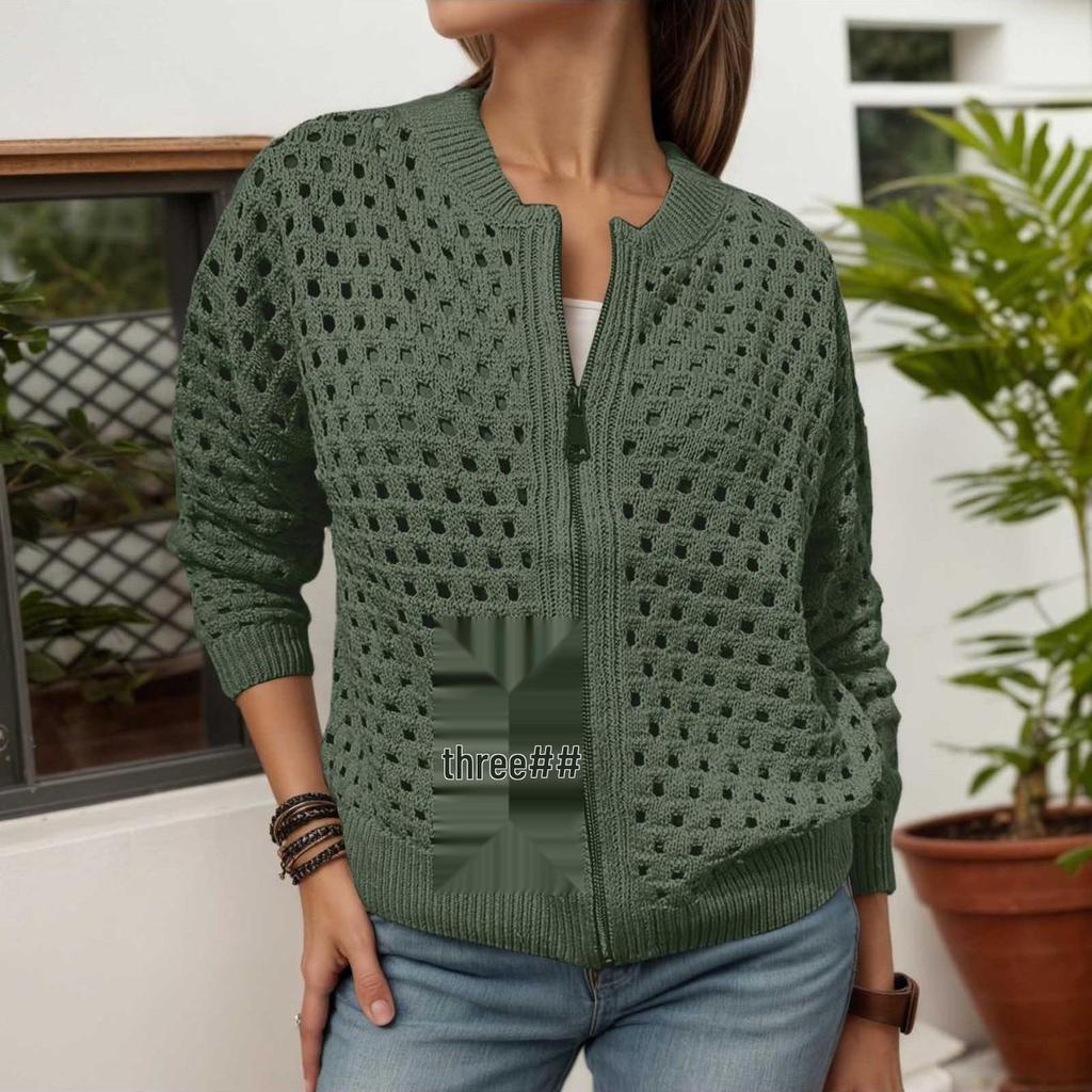 2026 Women's European-American Loose Knit Grid Jacket - Solid Color, Street Style, Versatile, Hollow Out, Zipper.