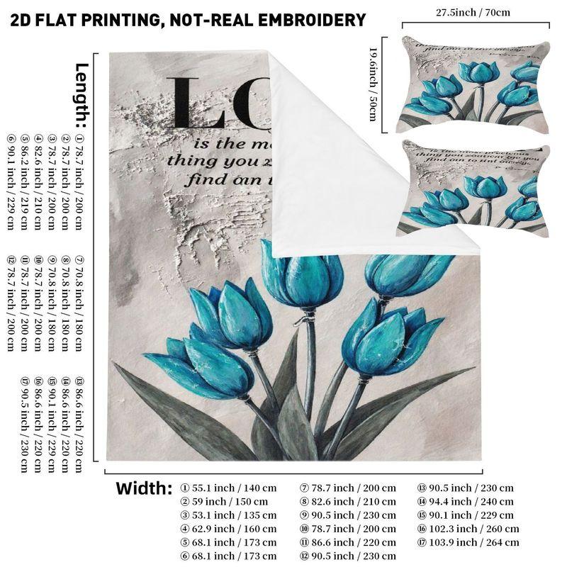 Pillowcase And Duvet Cover 3-Piece Bedding Love Theme Blue Tulip Pattern Washable Durable Spring And Summer Style 140cm 200cm