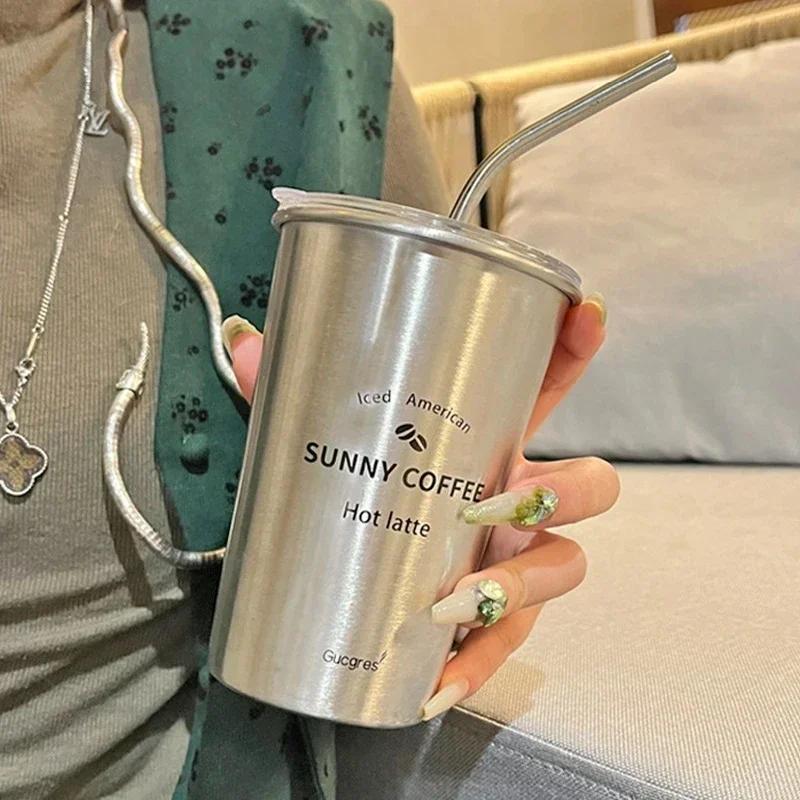 New  Stainless Steel Coffee Mug with Straw Lid Portable Coffee Cup Drinking Beer Milk Water Cup Restaurant Bar Party 500ml
